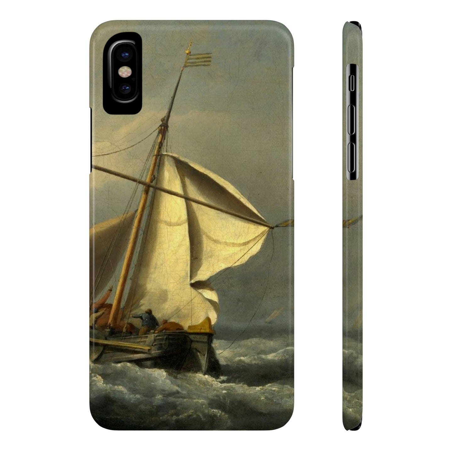 Classic Art iPhone case with the painting of Willem Van De Velde "A ship in need in a raging storm"