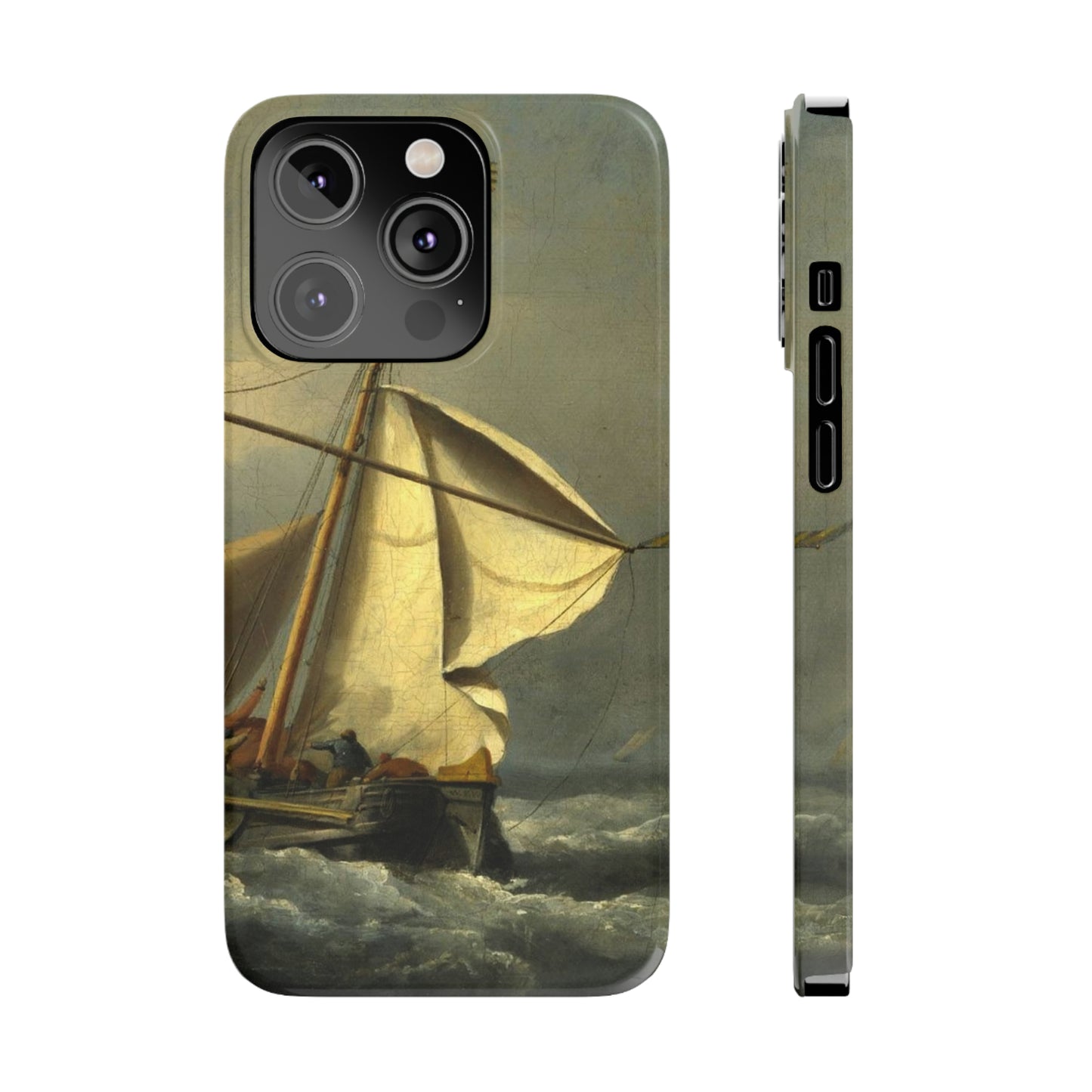 Classic Art iPhone case with the painting of Willem Van De Velde "A ship in need in a raging storm"