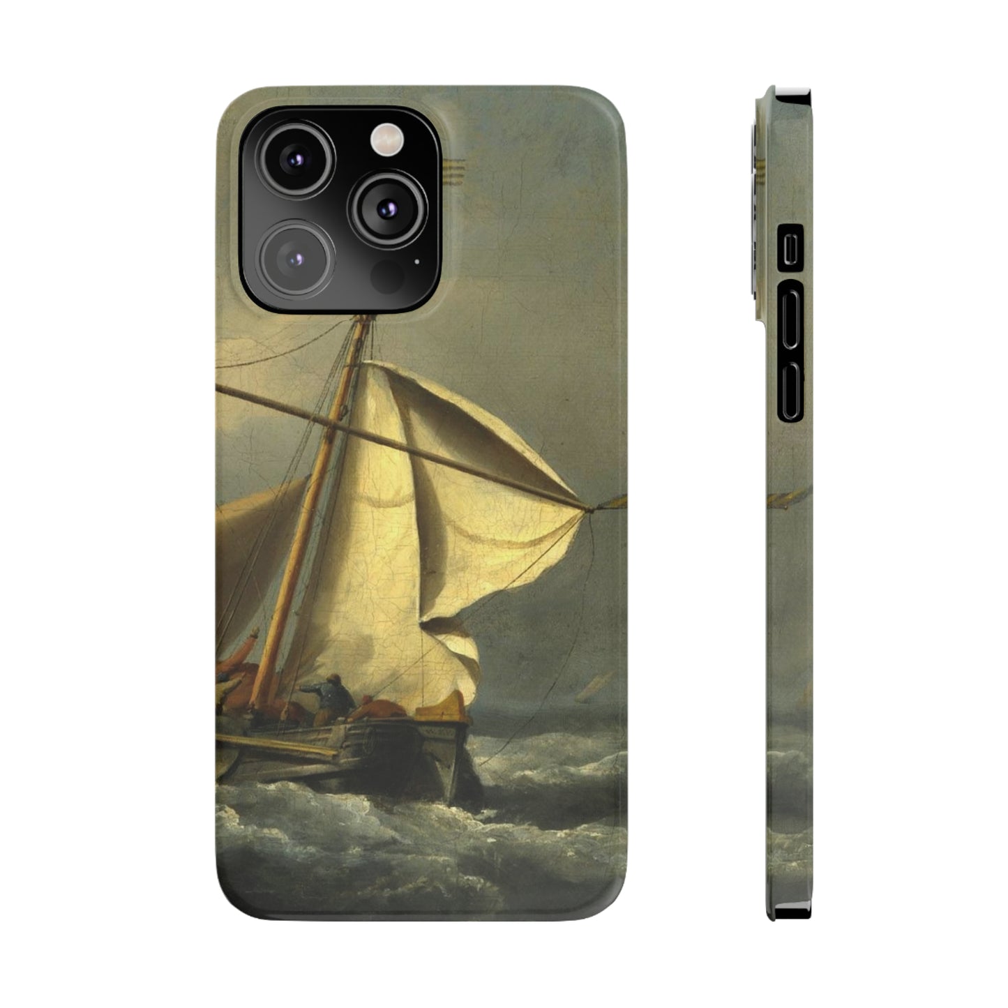 Classic Art iPhone case with the painting of Willem Van De Velde "A ship in need in a raging storm"