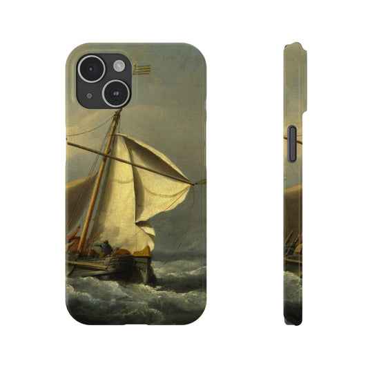 Classic Art iPhone case with the painting of Willem Van De Velde "A ship in need in a raging storm"