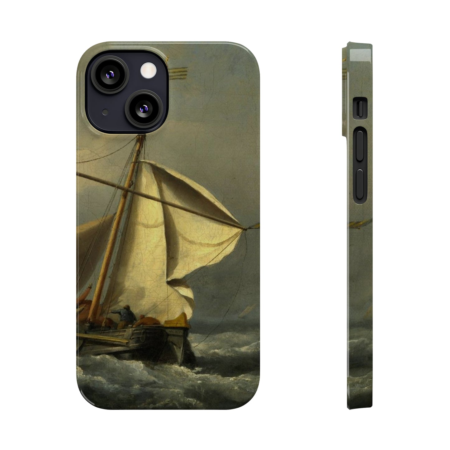 Classic Art iPhone case with the painting of Willem Van De Velde "A ship in need in a raging storm"